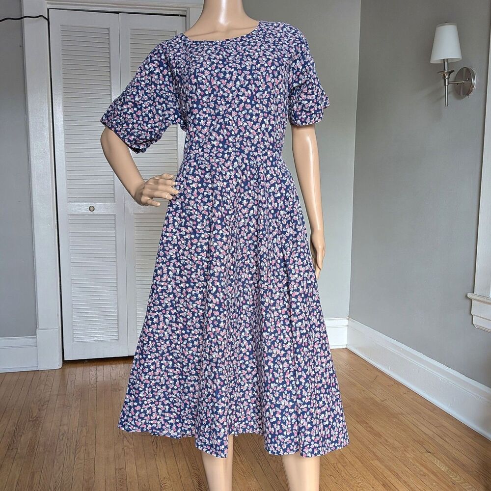 Vintage 90s J Jill Midi Dress Full Skirt Floral Prairie Loose Fit Oversized S